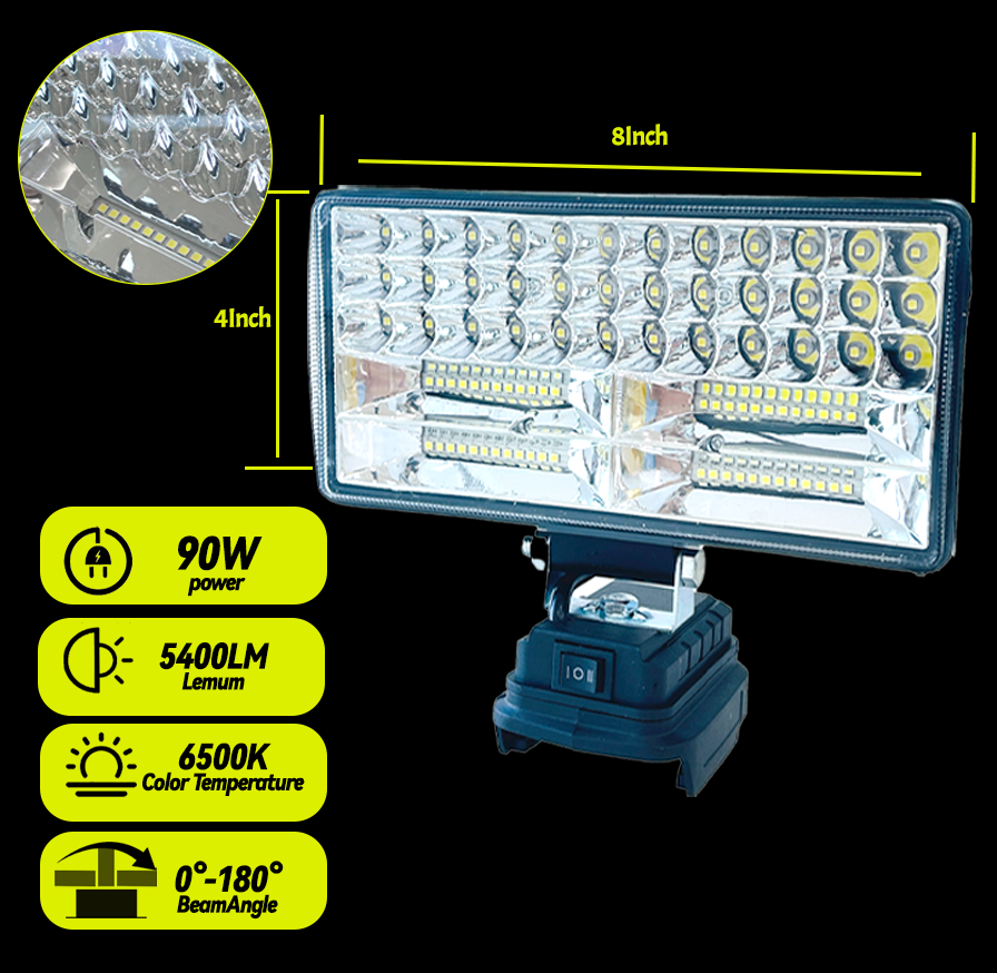 Cordless LED Work Light for Dewalt 20V 90W – 5400LM Flood Light (No Battery)